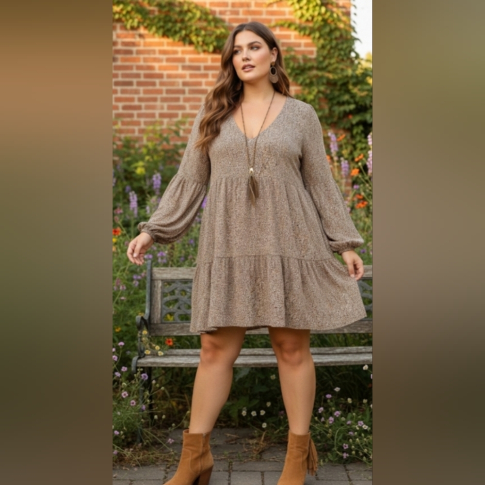 Tahari Flare Bohemian Long Sleeve Brown Patterned Dress, Preowned, Size XL